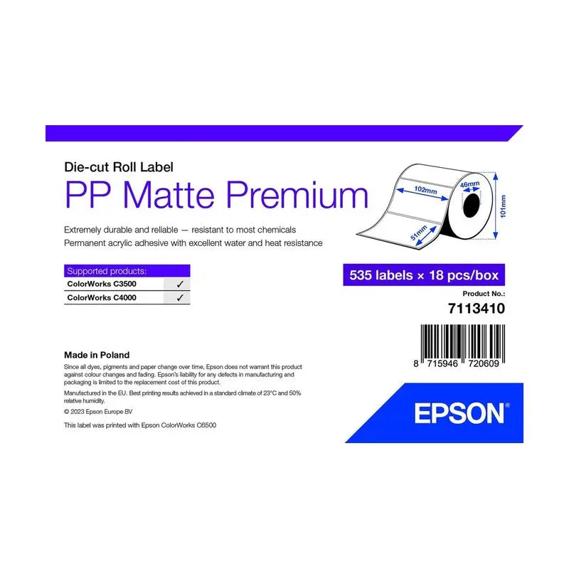 Epson PP Matte Synthetic Labels – 51 x 102mm – White – Permanent Adhesive – 535 Labels